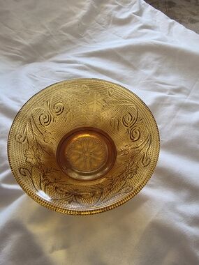 Amber Pressed Glass Floral Bowl